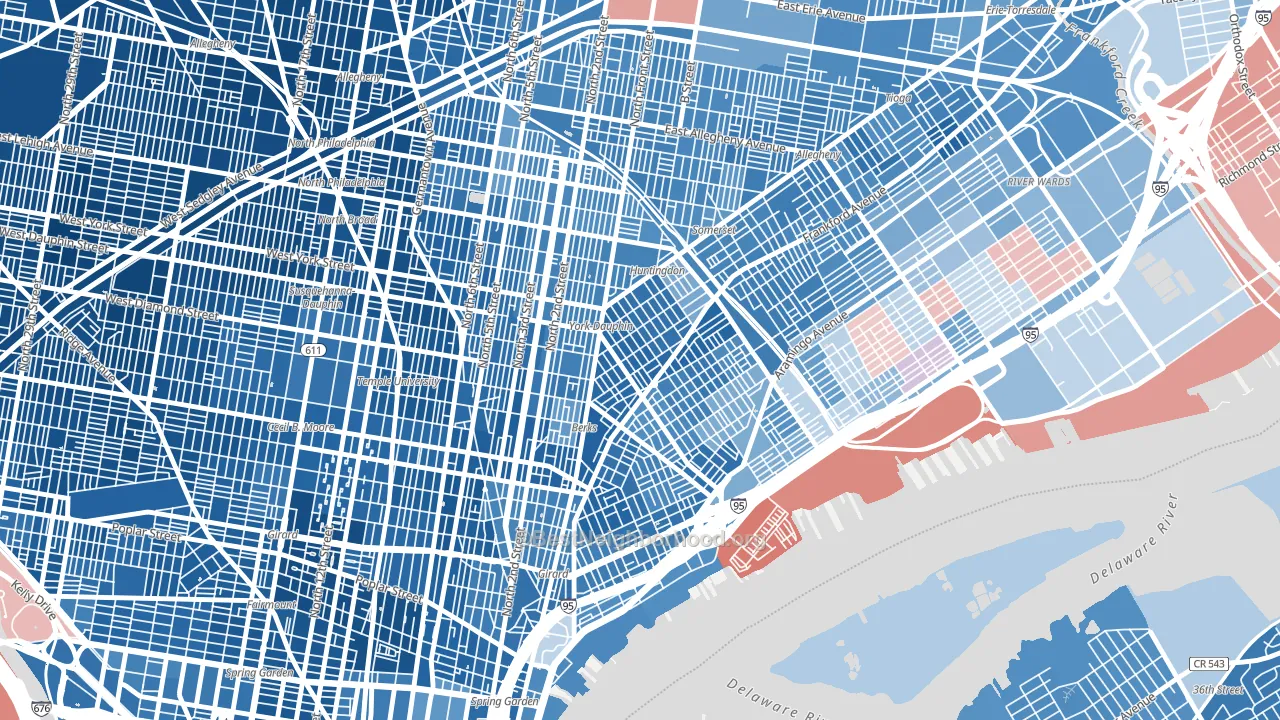 Kensington, Philadelphia, PA block-group political-lean map