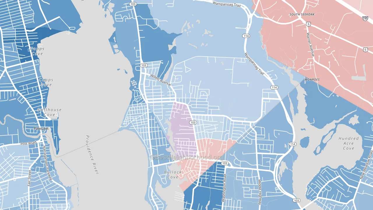 Kent Corner, Riverside, RI block-group political-lean map