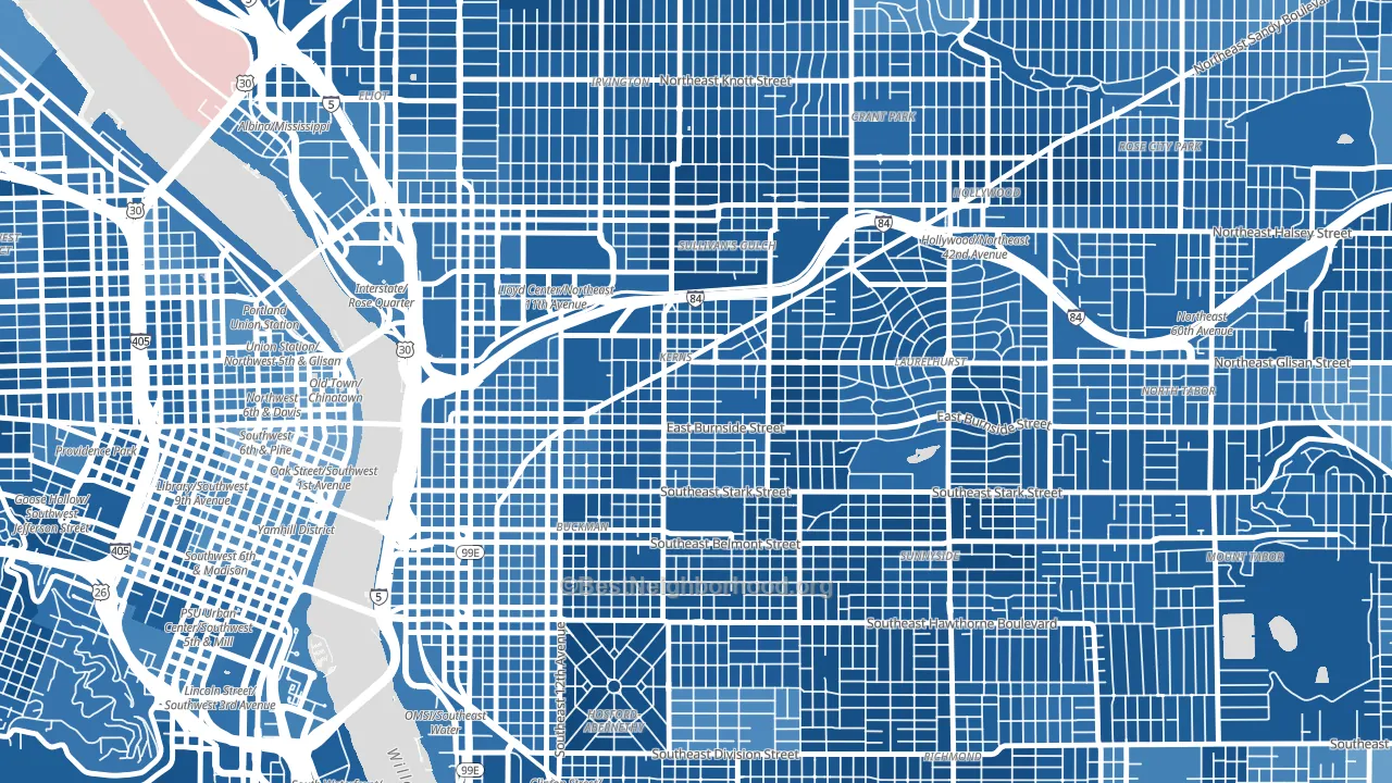 Kerns, Portland, OR block-group political-lean map