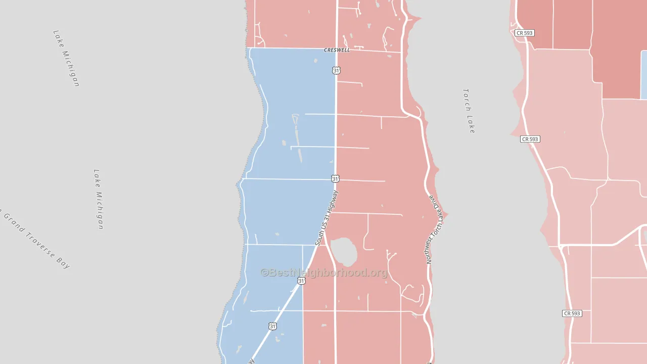 Kewadin, MI block-group political-lean map