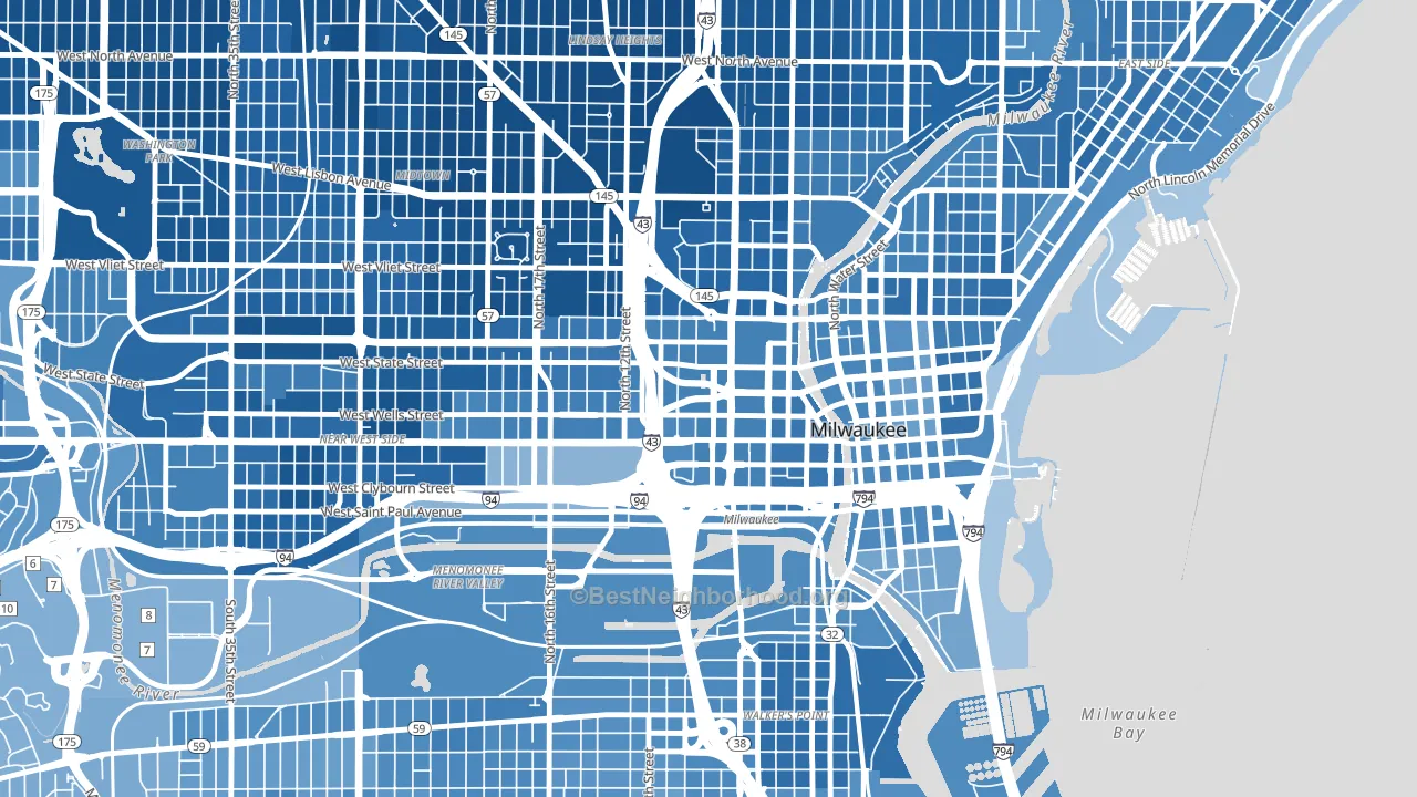 Kilbourn Town, Milwaukee, WI block-group political-lean map