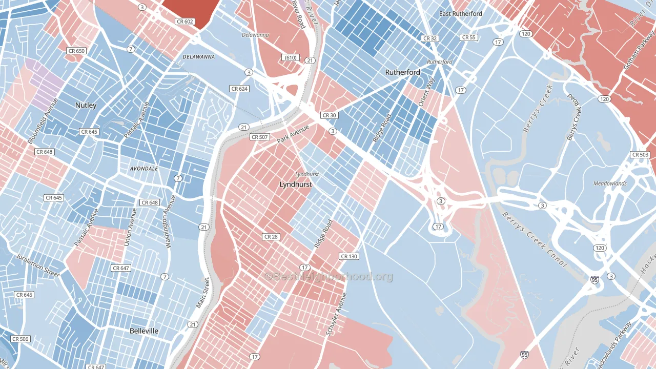 Kingsland, Lyndhurst, NJ block-group political-lean map