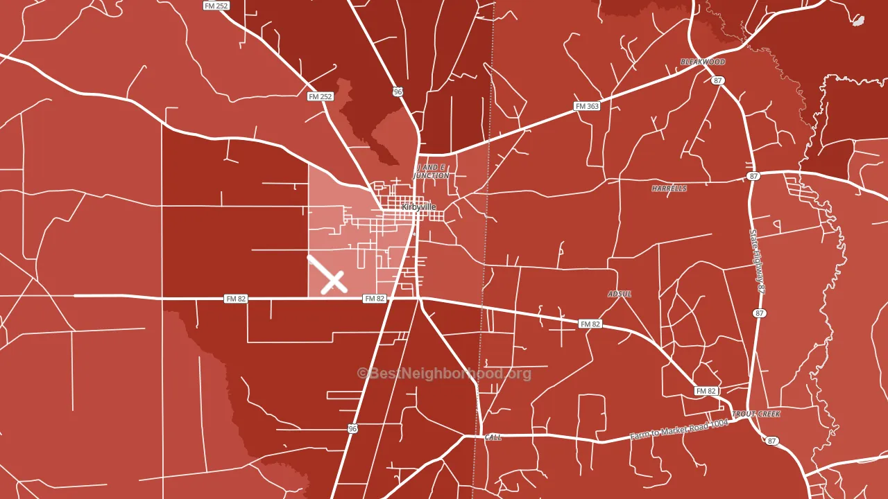 Kirbyville, TX block-group political-lean map