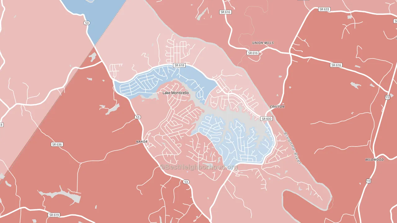 Lake Monticello, VA block-group political-lean map