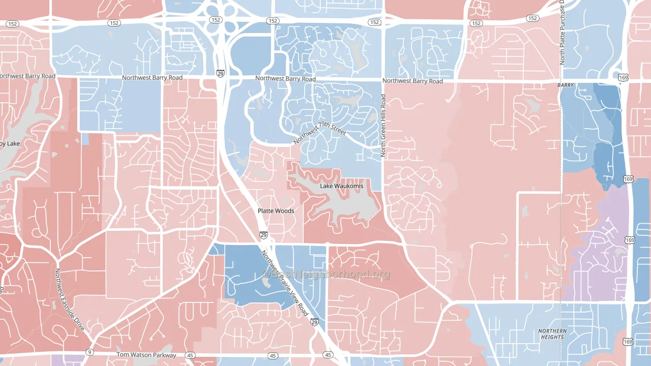 Lake Waukomis, MO block-group political-lean map