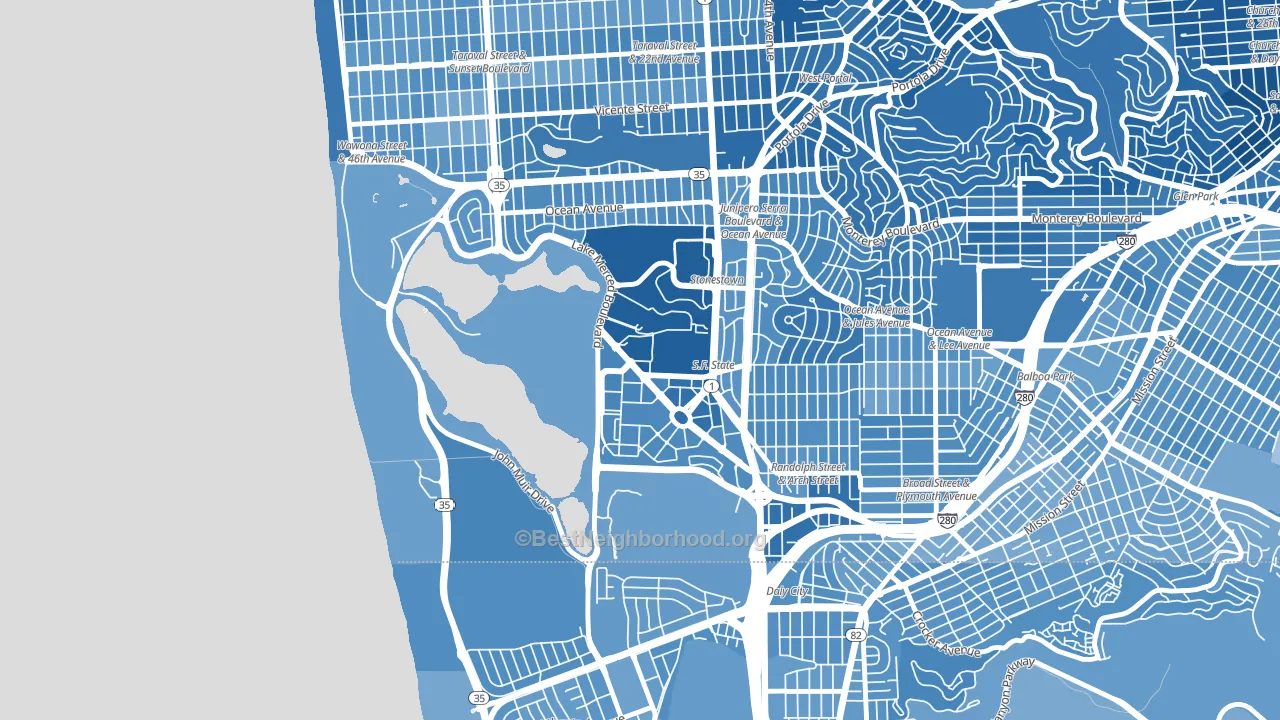 Lakeshore, San Francisco, CA block-group political-lean map