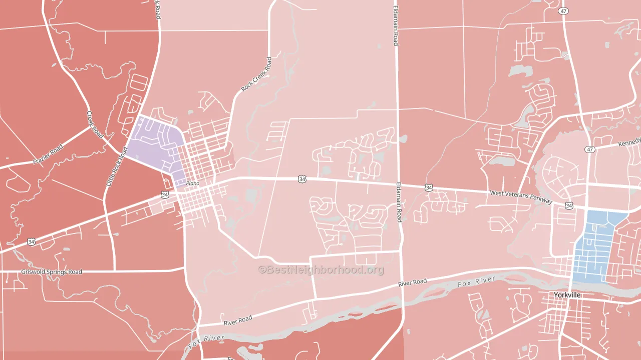 Lakewood Springs, Plano, IL block-group political-lean map