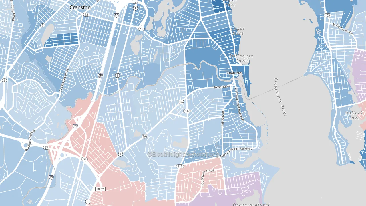 Lakewood, Warwick, RI block-group political-lean map