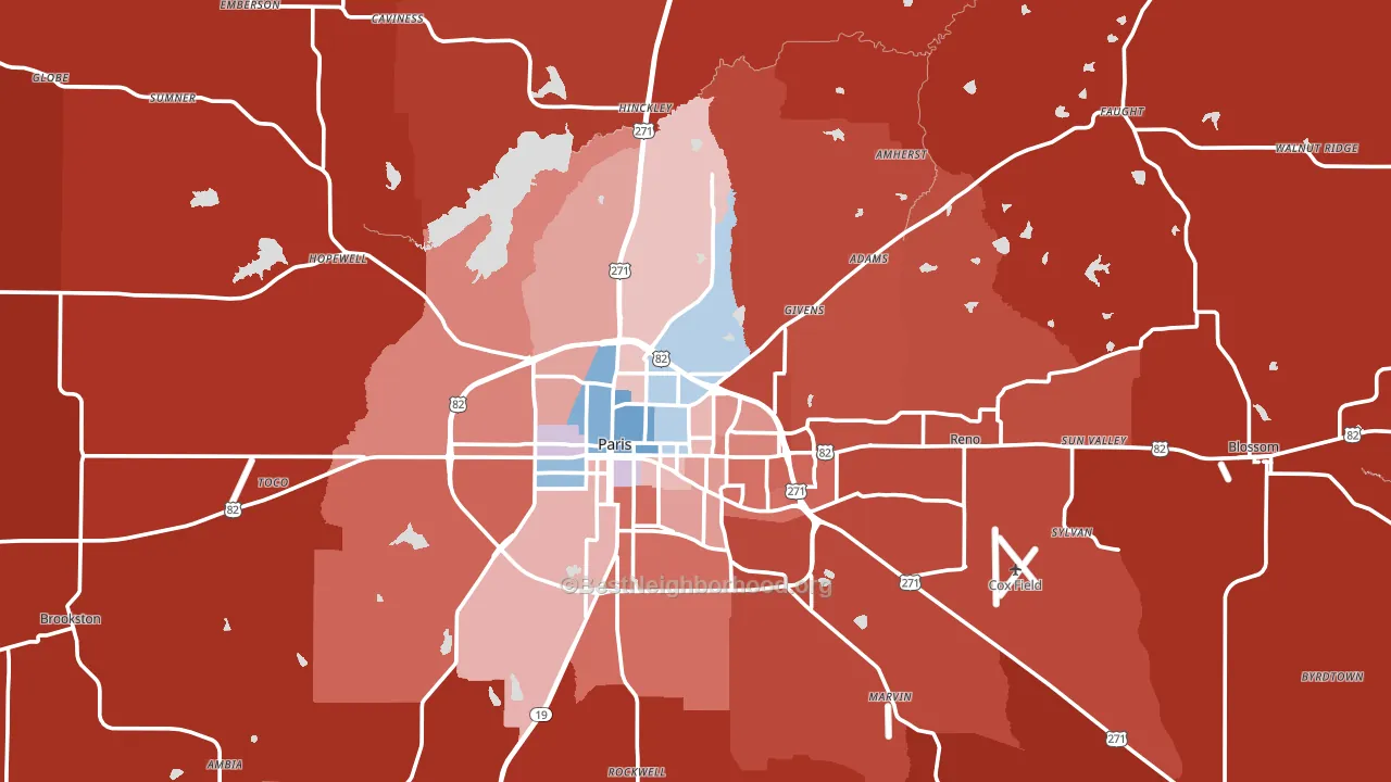 Lamar County, TX block-group political-lean map