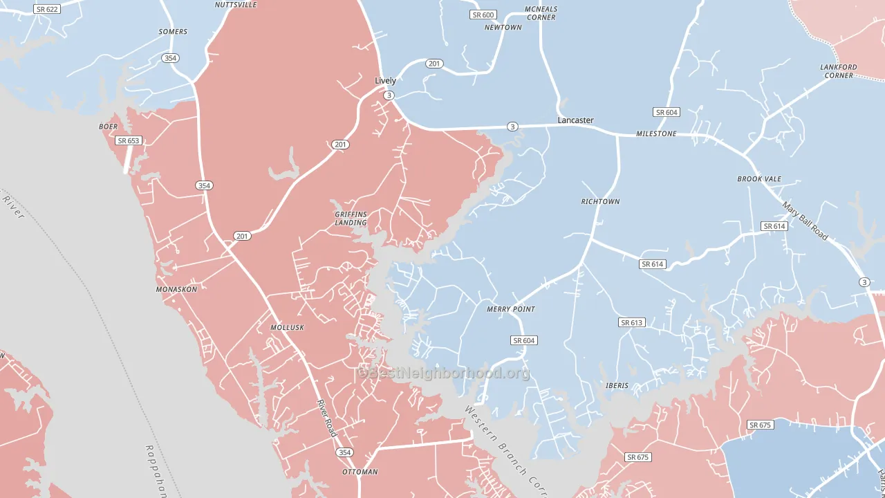 Lancaster, VA block-group political-lean map
