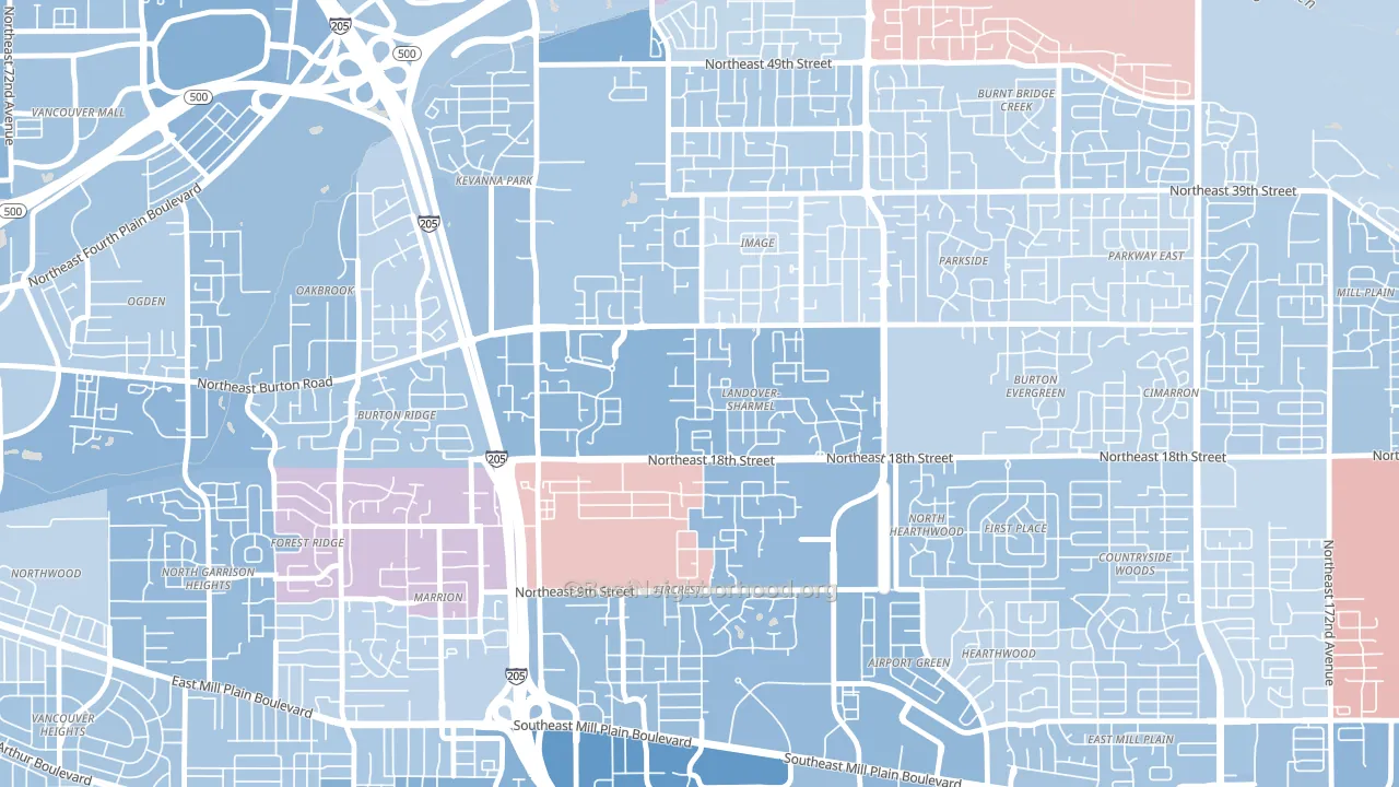 Landover-Sharmel, Vancouver, WA block-group political-lean map