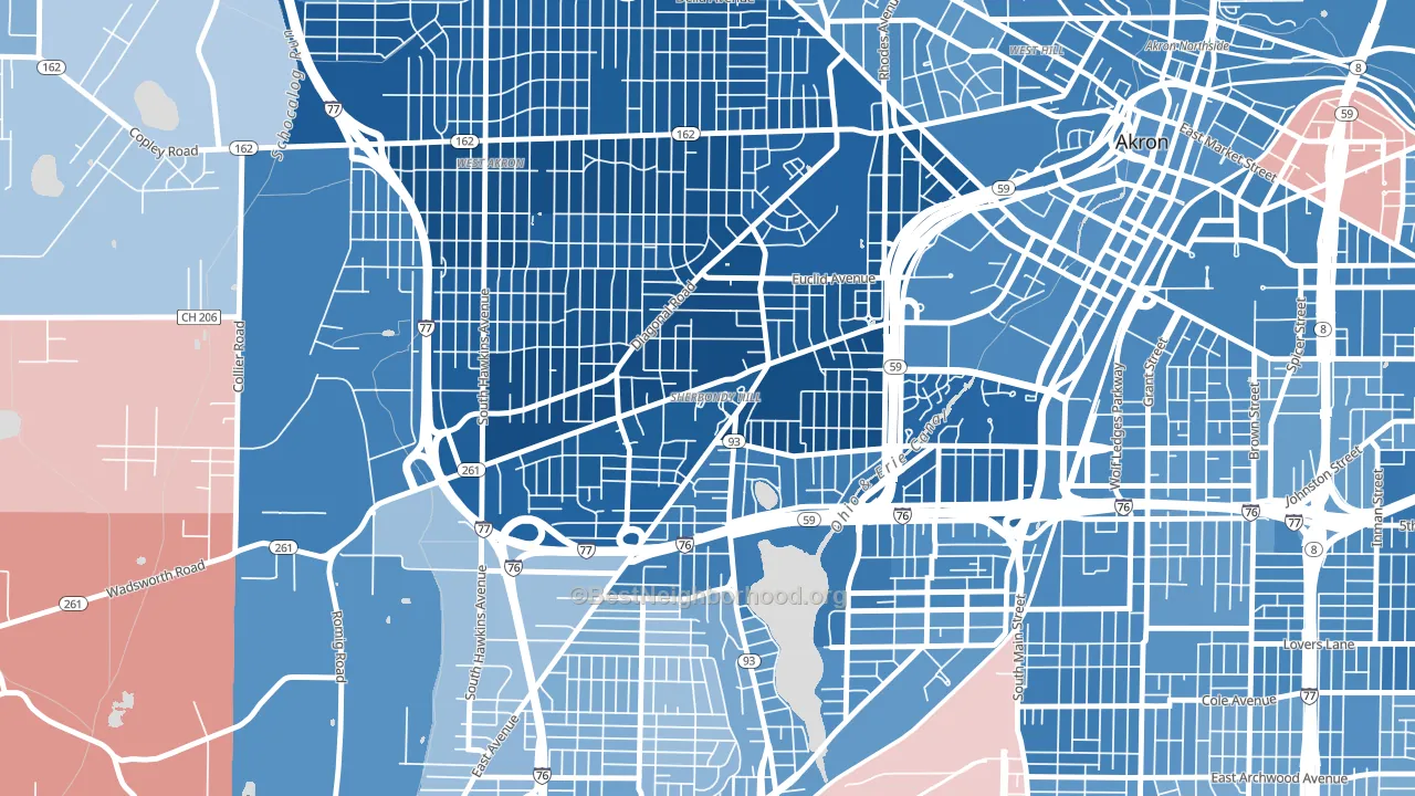 Lane-Wooster, Akron, OH block-group political-lean map