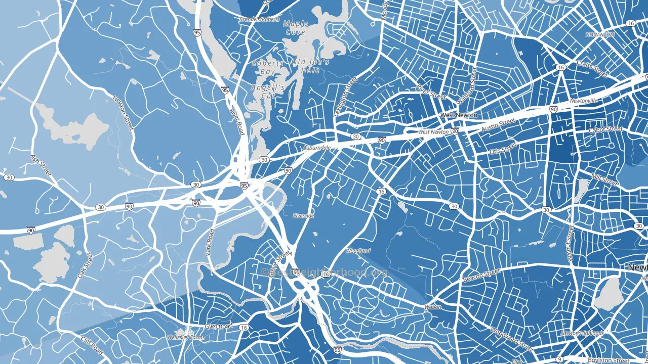 Lasell Village, Auburndale, MA block-group political-lean map