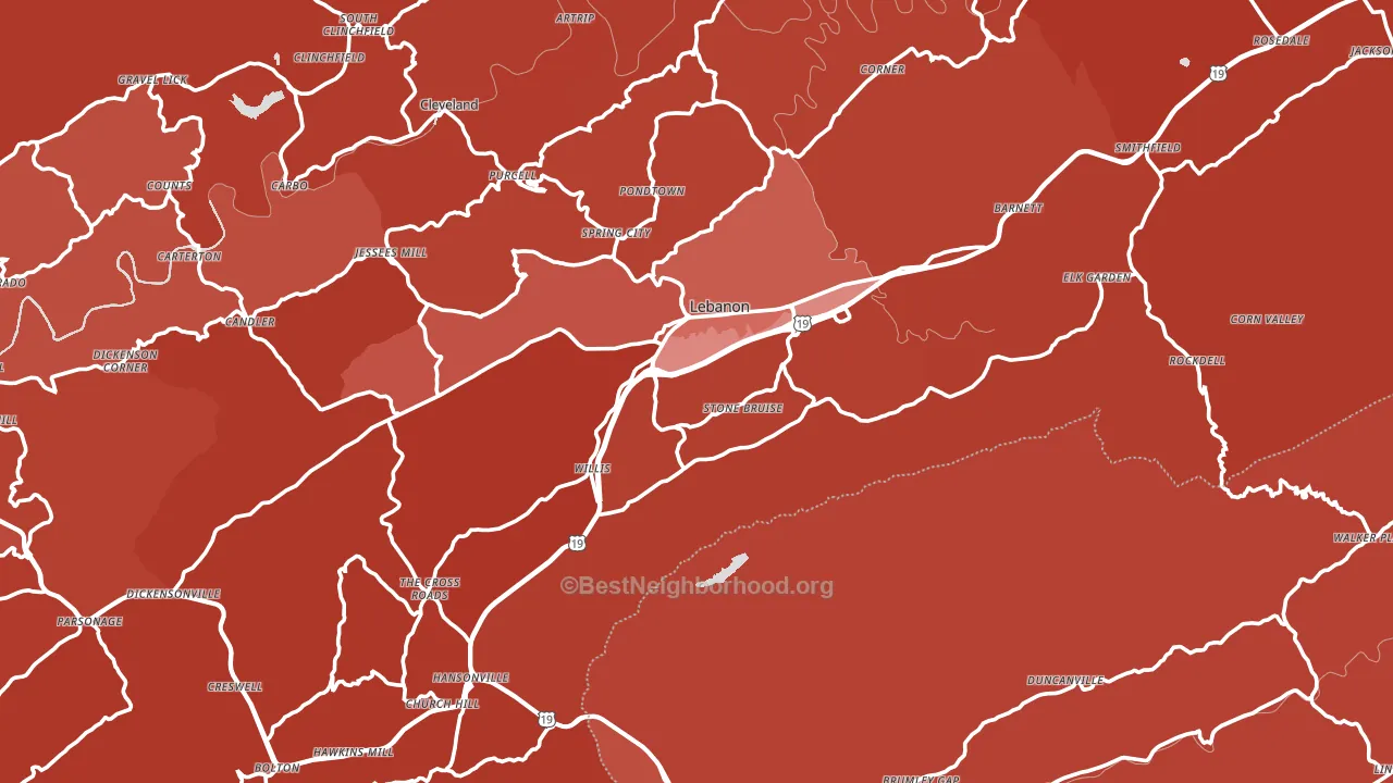 Lebanon, VA block-group political-lean map