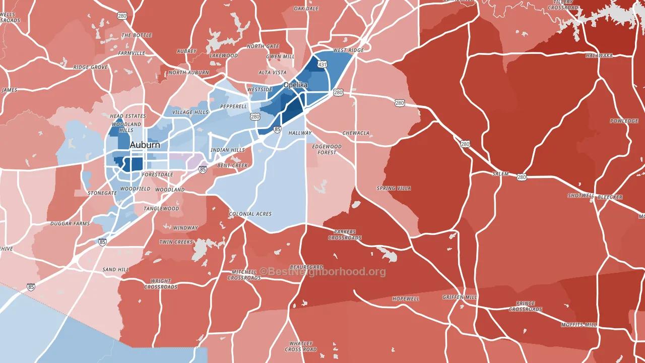 Lee County, AL block-group political-lean map