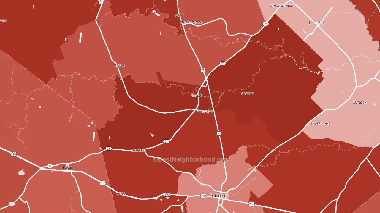 Lee County, TX block-group political-lean map
