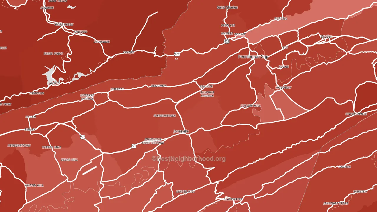 Lee County, VA block-group political-lean map