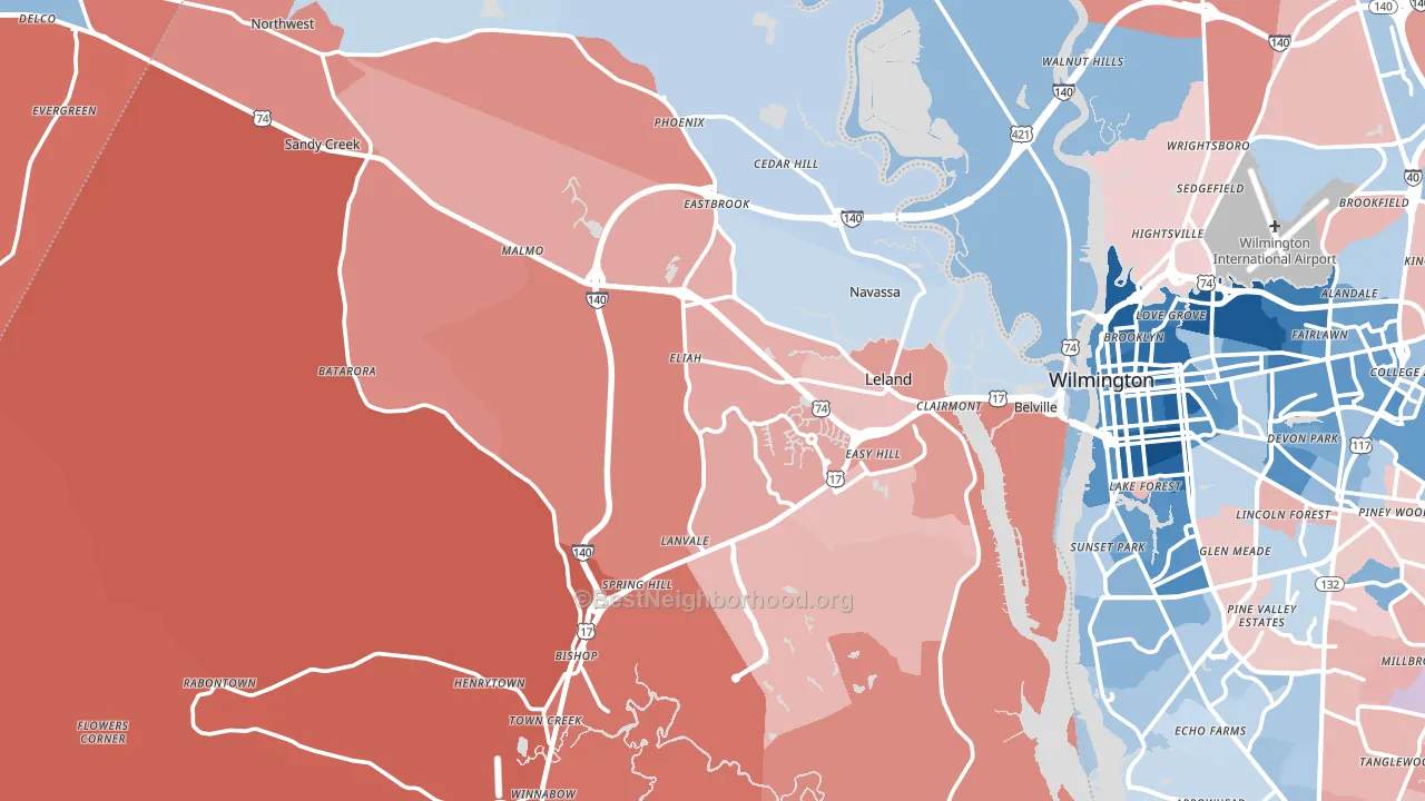 Leland, NC block-group political-lean map