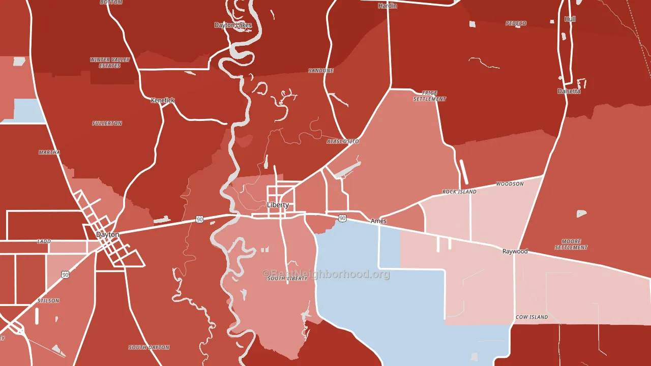Liberty, TX block-group political-lean map