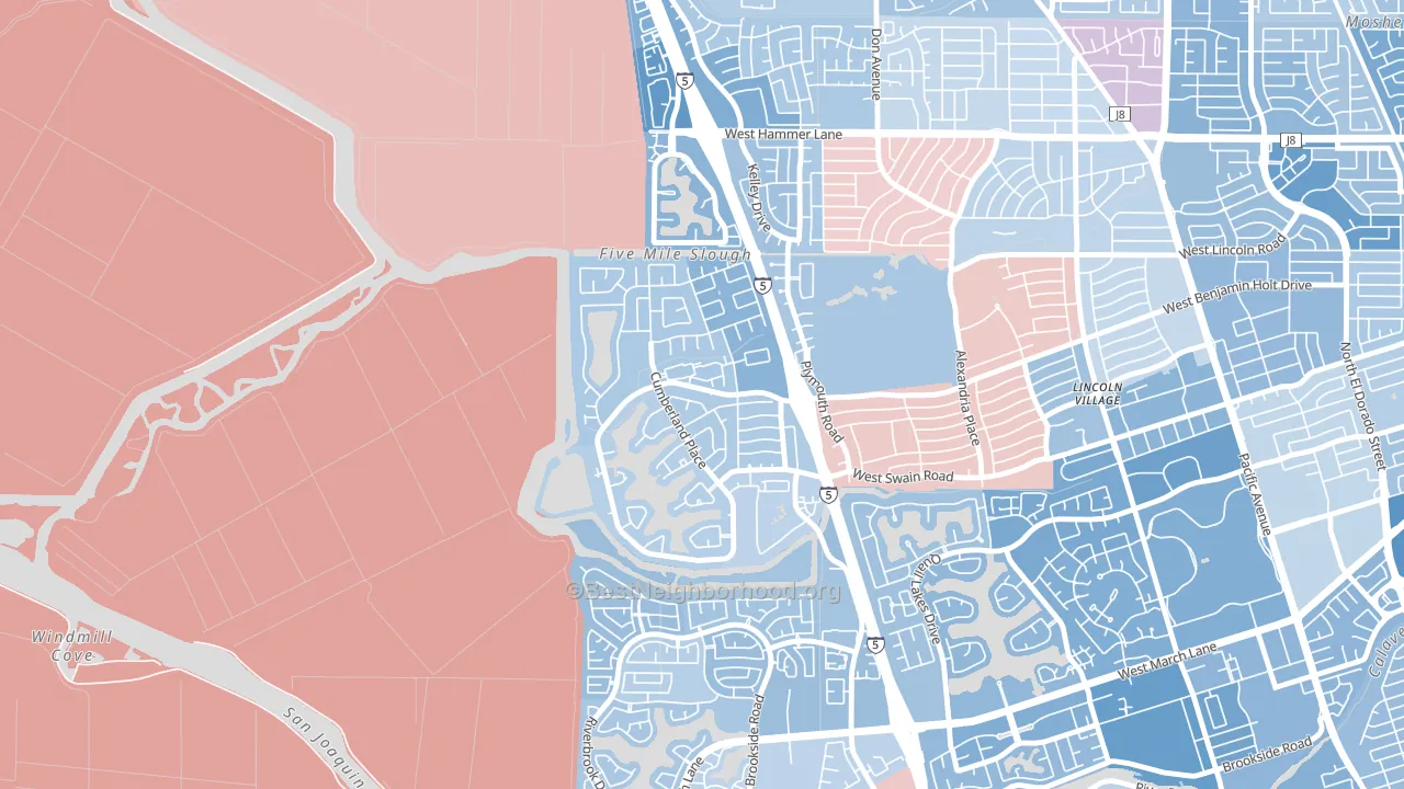 Lincoln Village West, Stockton, CA block-group political-lean map