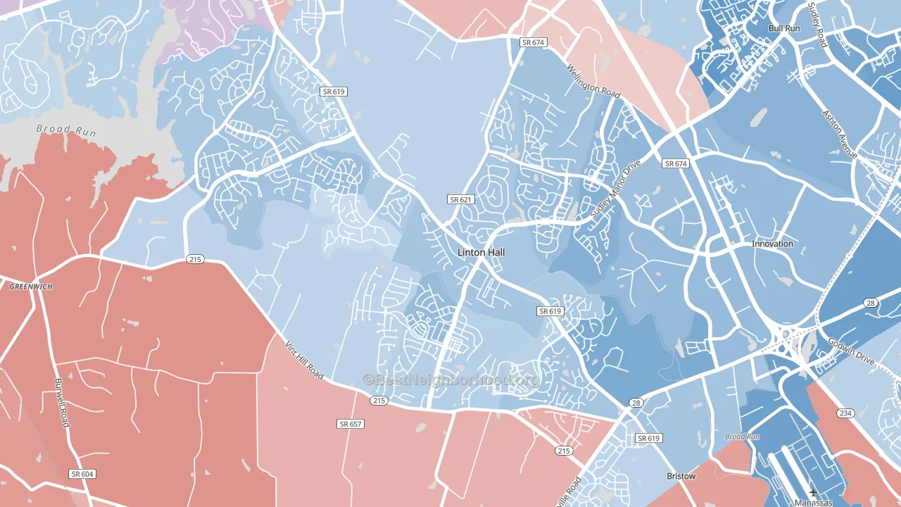 Linton Hall, VA block-group political-lean map