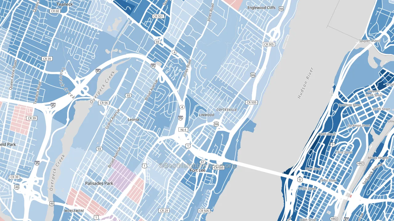 Linwood, Fort Lee, NJ block-group political-lean map
