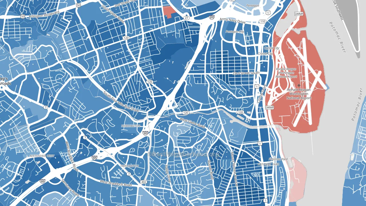 Long Branch Creek, Arlington, VA block-group political-lean map