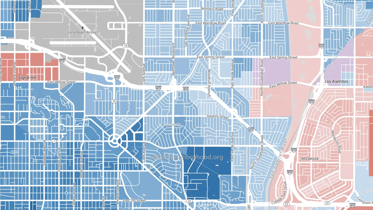 Los Altos, Long Beach, CA block-group political-lean map