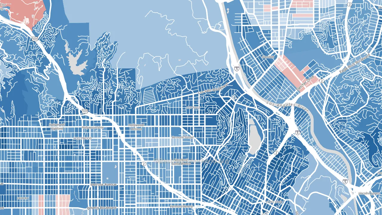 Los Feliz, Los Angeles, CA block-group political-lean map