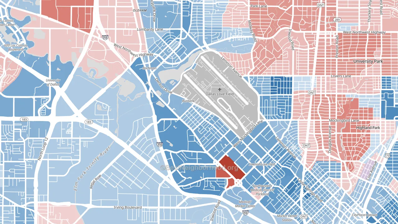 Love Field Area, Dallas, TX block-group political-lean map