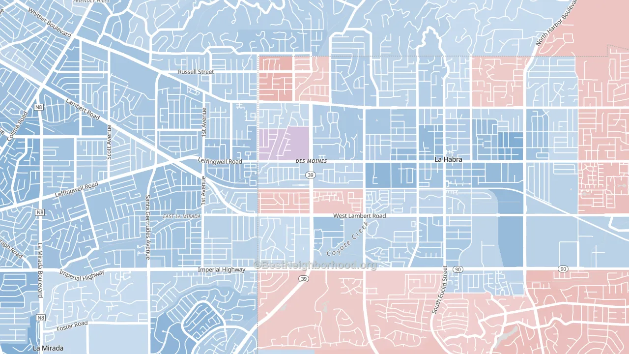 Lowell, La Habra, CA block-group political-lean map