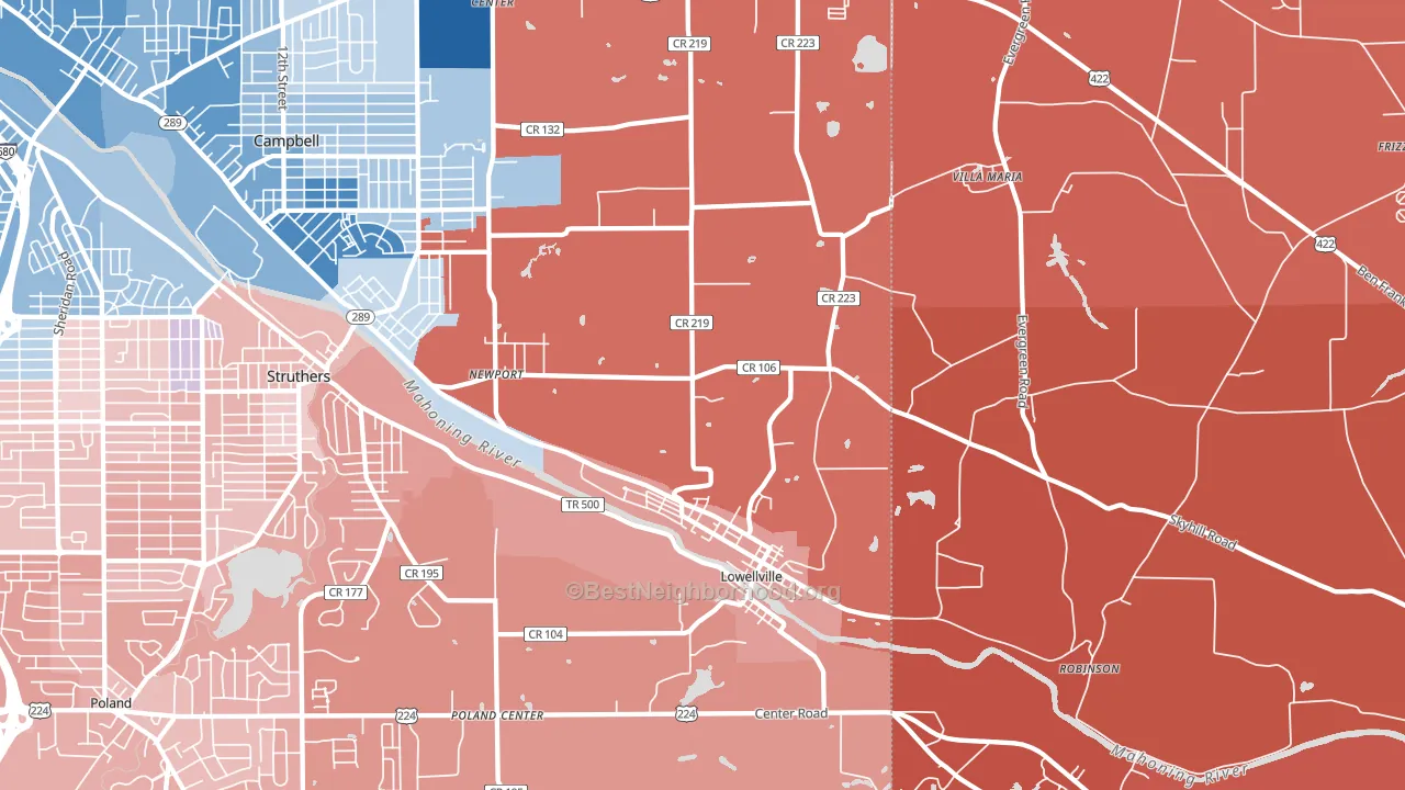 Lowellville, OH block-group political-lean map