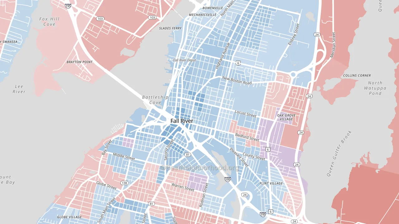 Lower Highlands, Fall River, MA block-group political-lean map