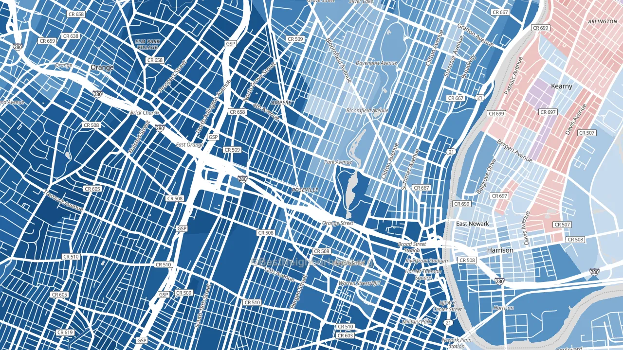 Lower Roseville, Newark, NJ block-group political-lean map
