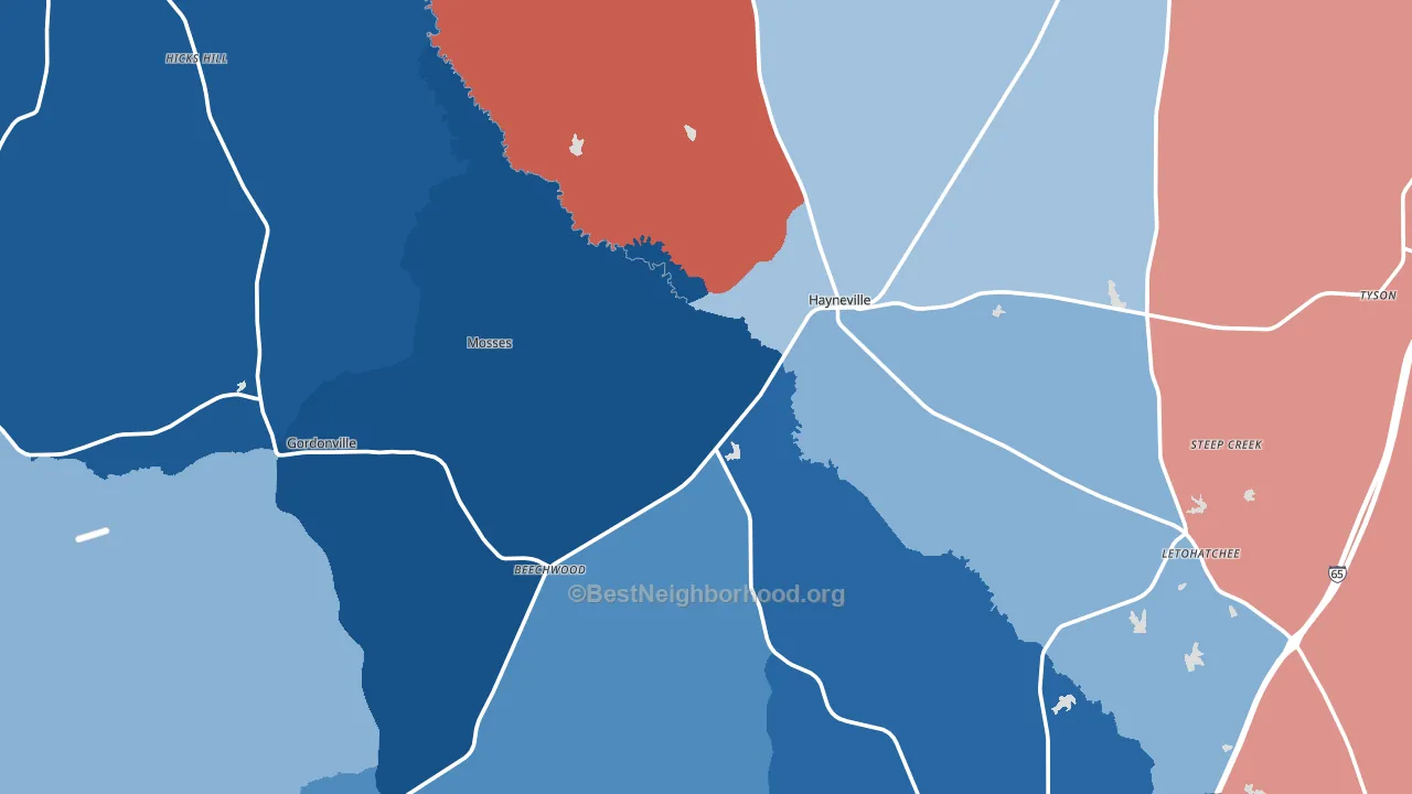 Lowndes County, AL block-group political-lean map
