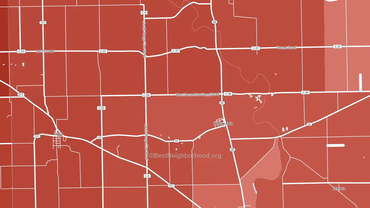 Ludlow Falls, OH block-group political-lean map