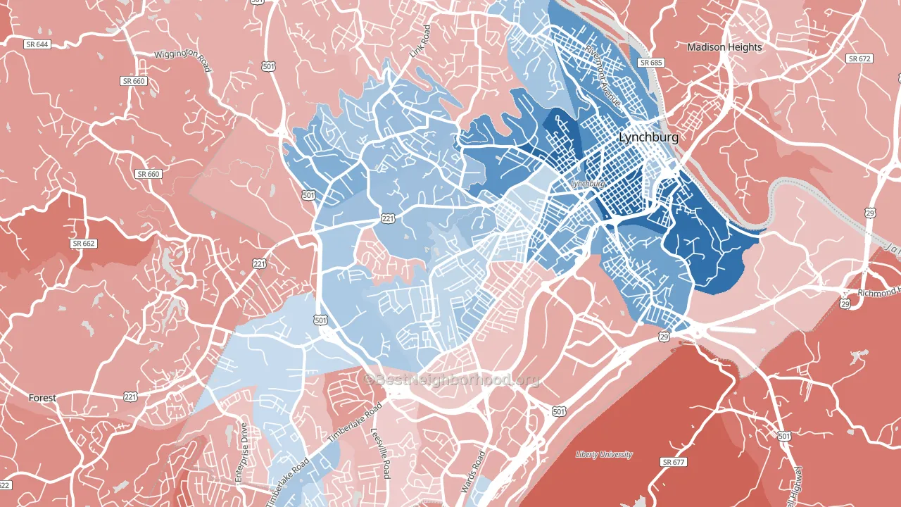 Lynchburg City, VA block-group political-lean map