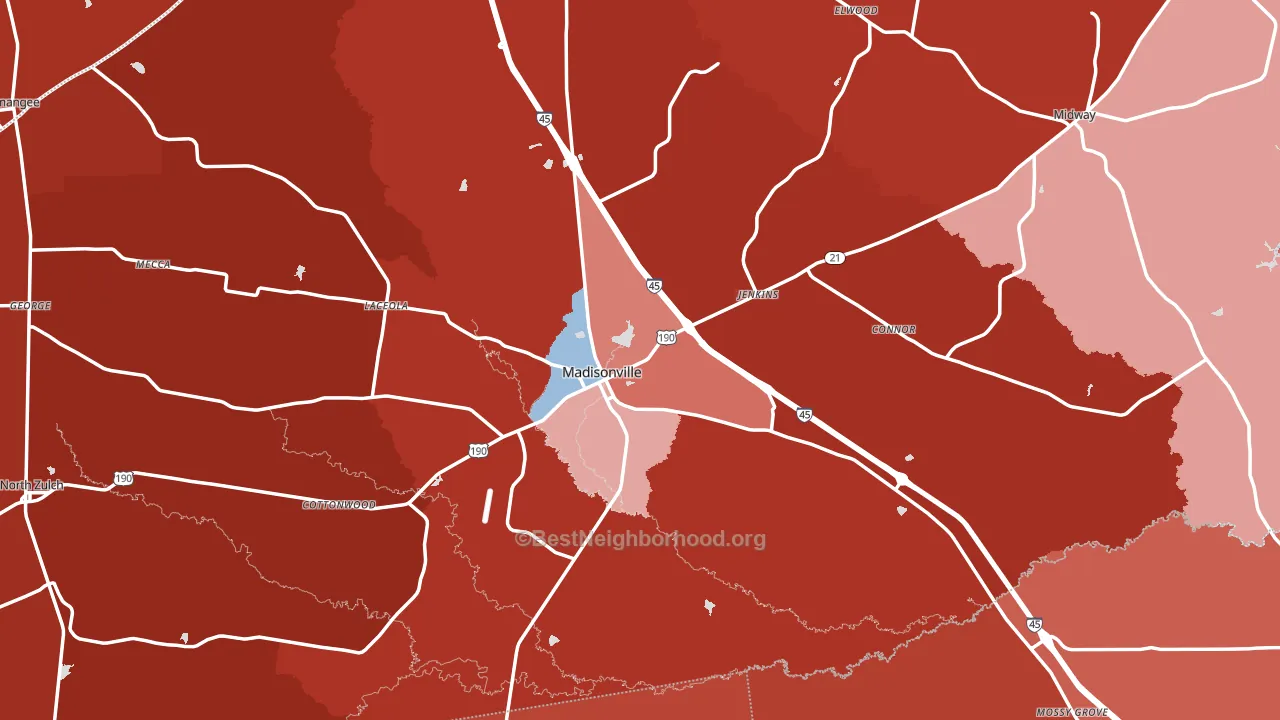 Madison County, TX block-group political-lean map