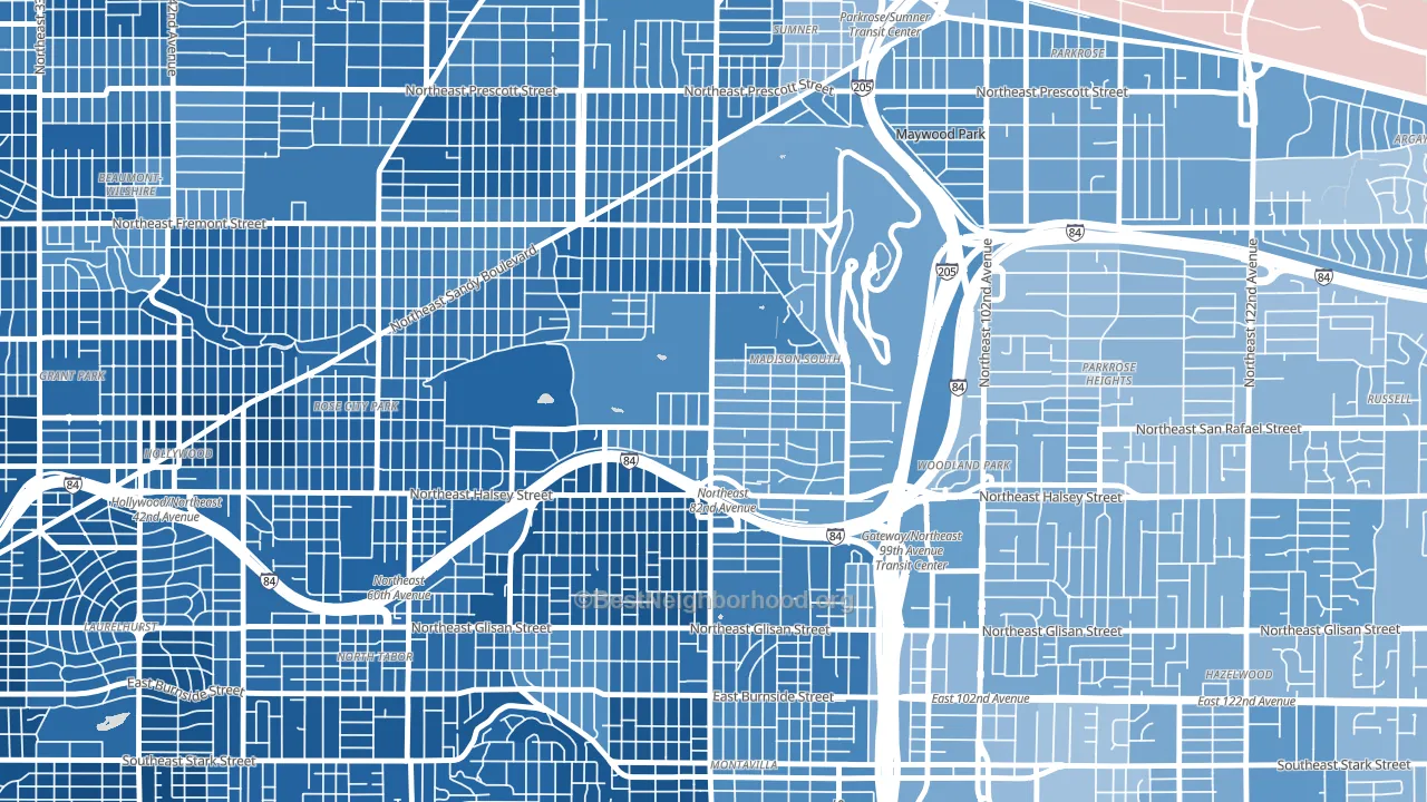 Madison South, Portland, OR block-group political-lean map