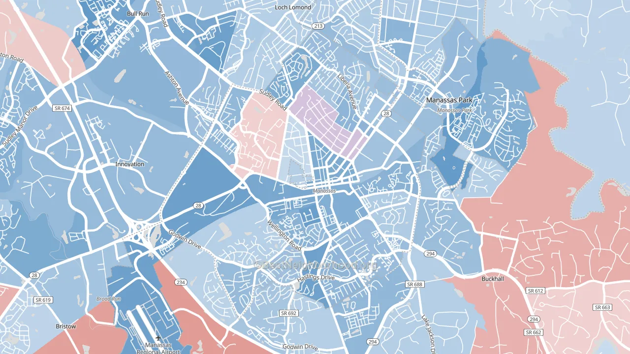 Manassas City, VA block-group political-lean map