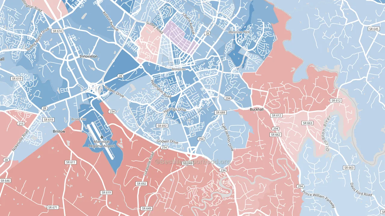 Manassas, VA block-group political-lean map