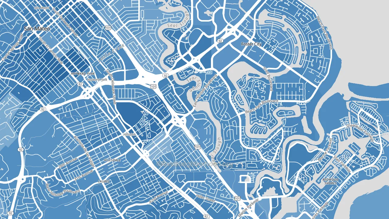 Marina Lagoon, San Mateo, CA block-group political-lean map