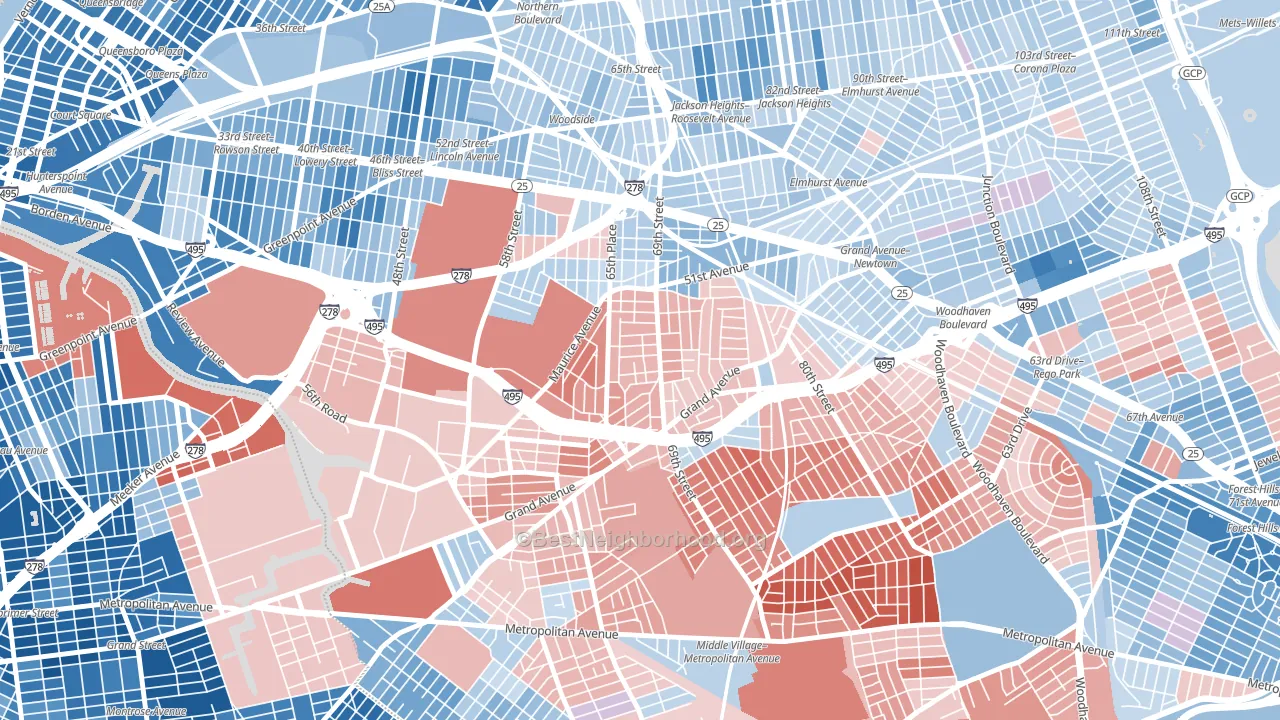 Maspeth, Queens, NY block-group political-lean map