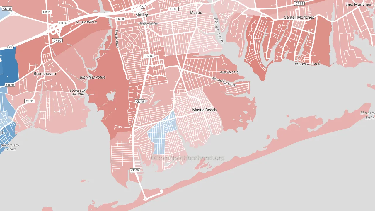 Mastic Beach, NY block-group political-lean map