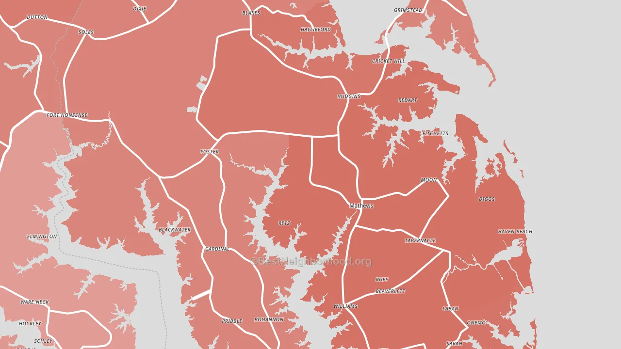 Mathews County, VA block-group political-lean map
