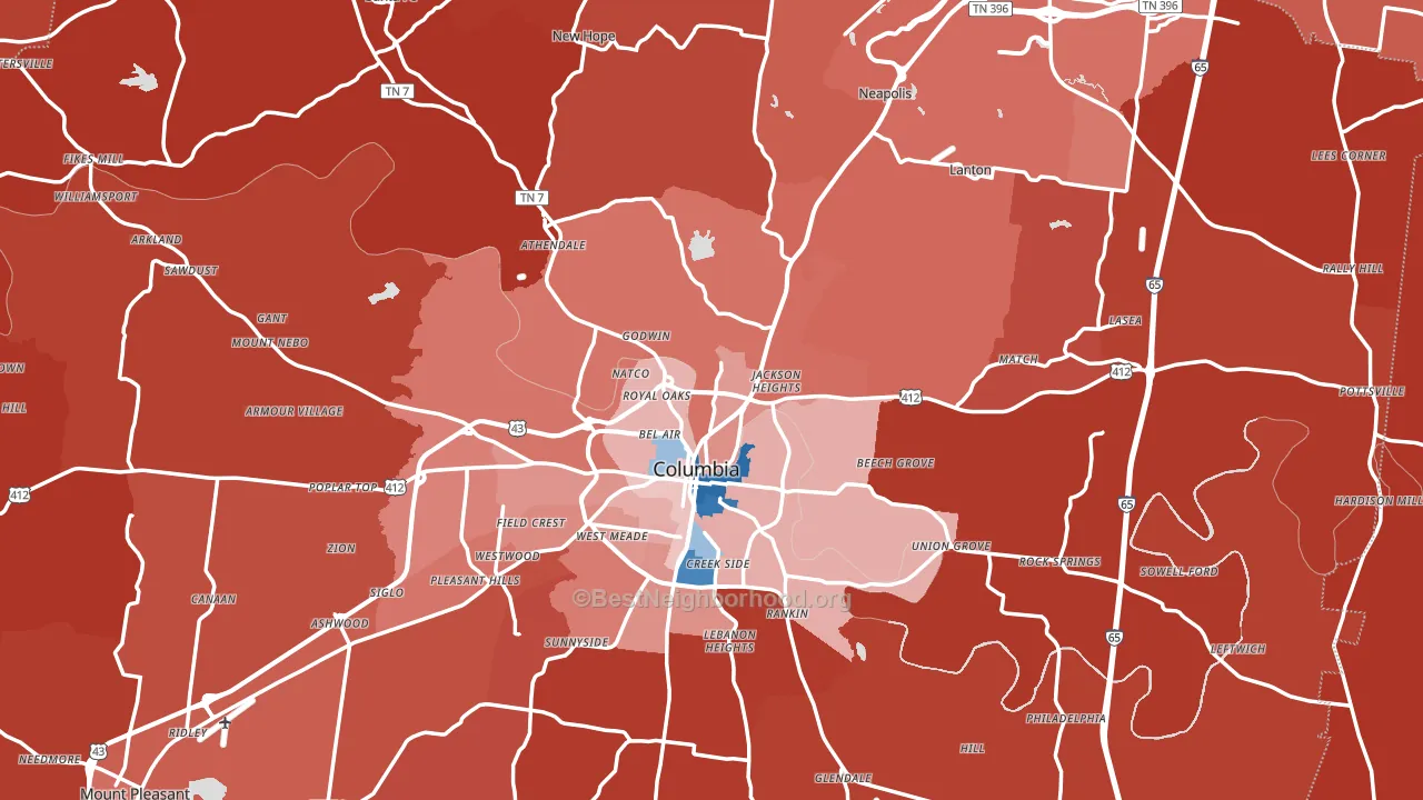 Maury County, TN block-group political-lean map