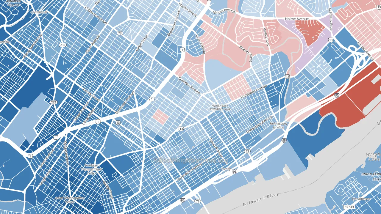 Mayfield, Philadelphia, PA block-group political-lean map