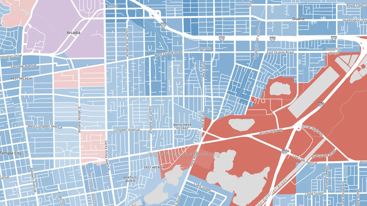 Mayflower Village, Arcadia, CA block-group political-lean map