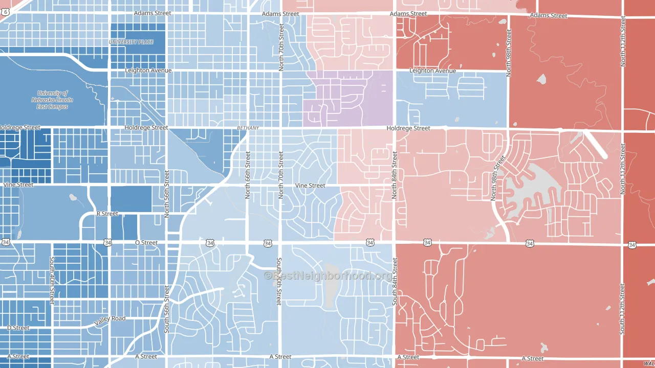 Meadowlane, Lincoln, NE block-group political-lean map