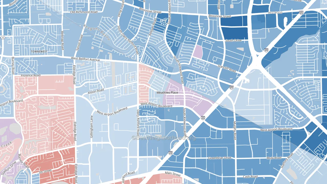 Meadows Place, TX block-group political-lean map
